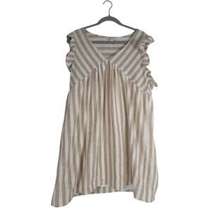 Andree Taupe Striped Babydoll Dress Womens 1XL Ruffle Flutter Sleeve Boho V Neck